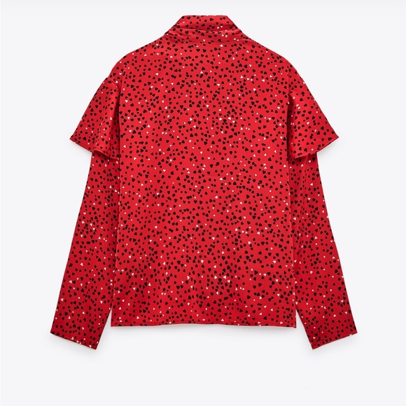 Zara red satin heart patterned tiered pussybow blouse - Picture 6 of 14
